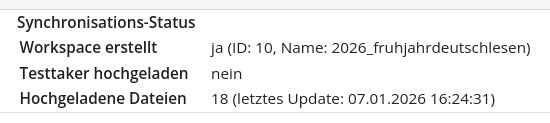Synchronisationsstatus eines Tests in dem steht: Workspace erstellt: ja (ID: 10, Name: 2026_fruhjahrdeutschlesen); Testtaker hochgeladen: nein; Hochgeladene Dateien: 18 (letztes Update: 07.01.2026 16:24:31)