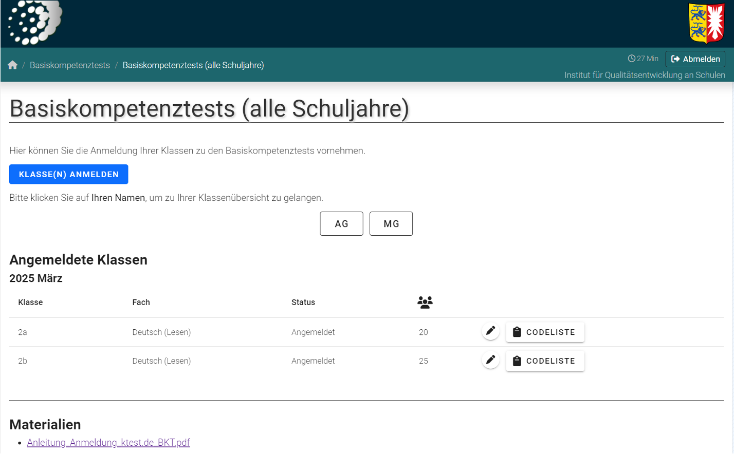 Dashboard mit angemeldeten Klassen