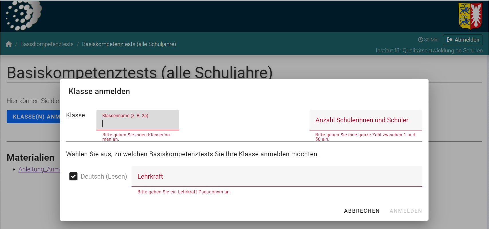 Formular zur Klassenanmeldung